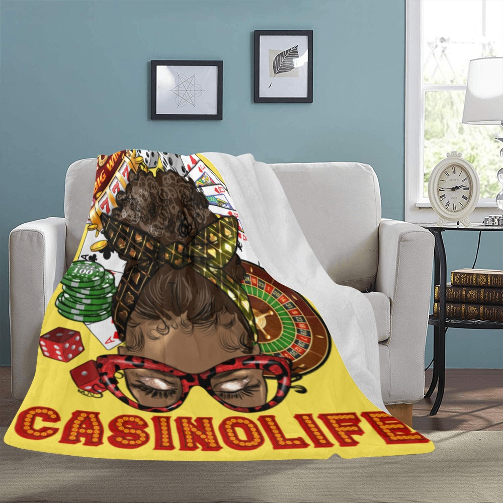 Custom Fleece Blanket Woman Wearing Red Glasses Casino Background