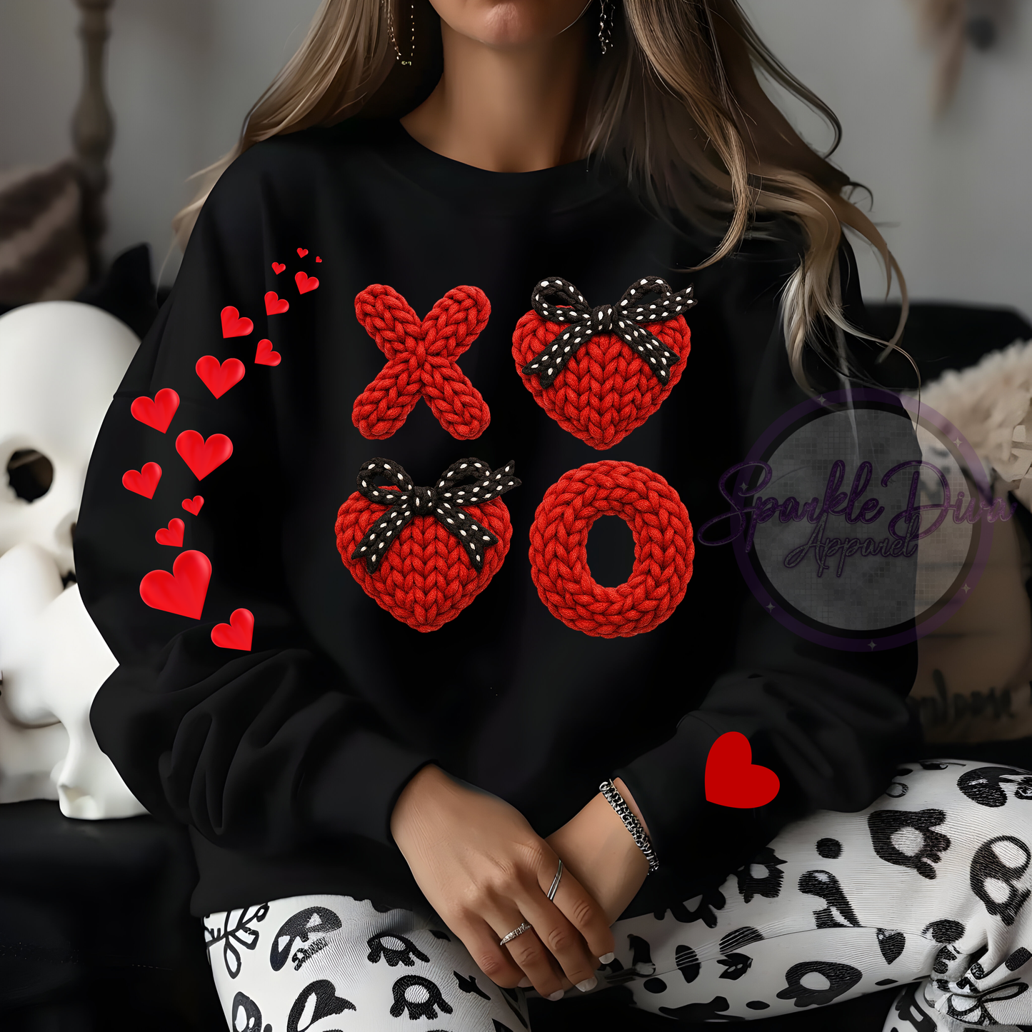 Black Long Sleeve Sweatshirt with Red Heart Faux Yarn Image (Dtf Image)