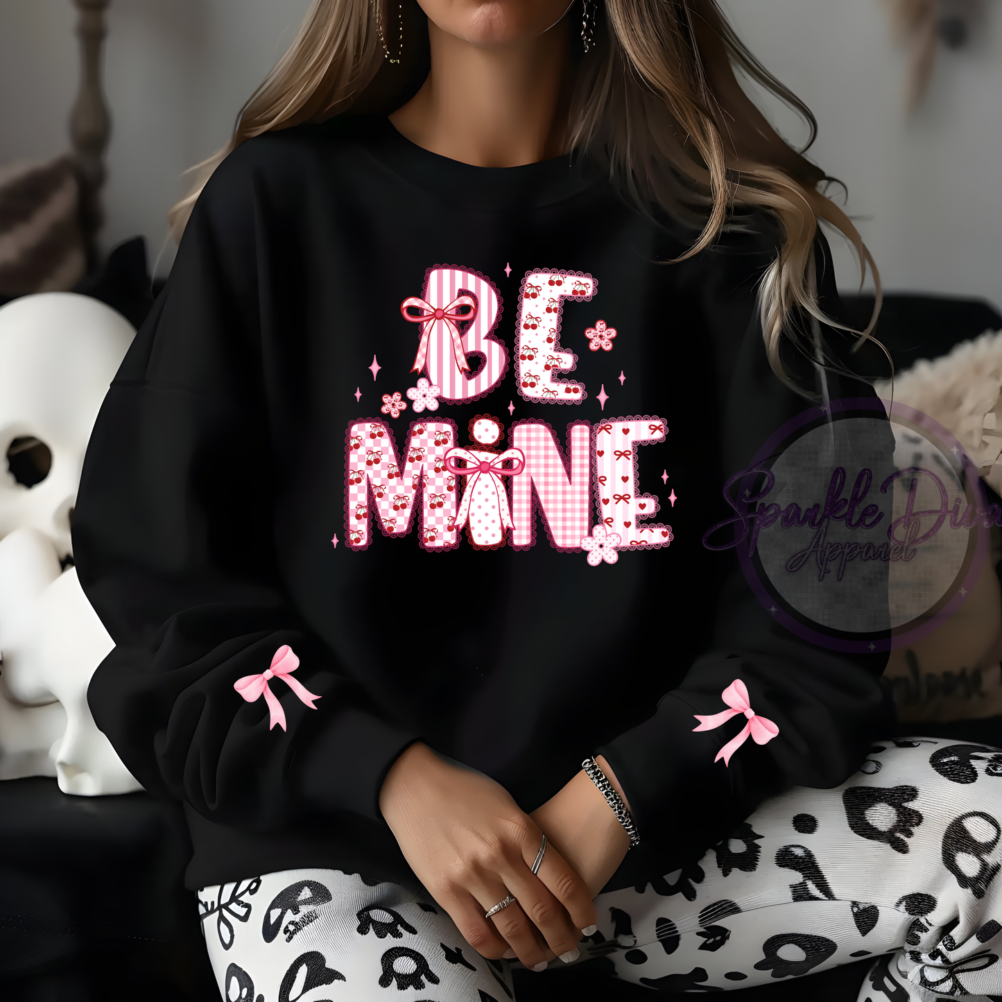 Black Long Sleeve Sweatshirt With "Be Mine" On The Front (Dtf image)