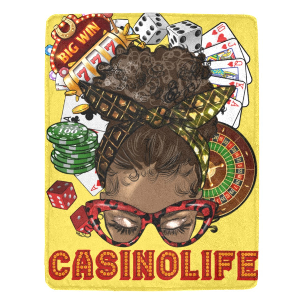 Custom Fleece Blanket Woman Wearing Red Glasses Casino Background