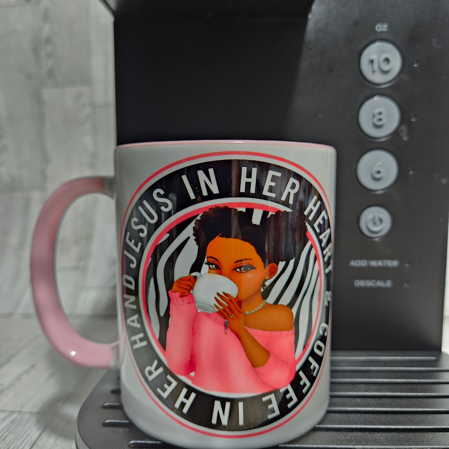 Custom  Pink Trim and Handle Mug "Jesus In Her Heart Coffee In Her Hand
