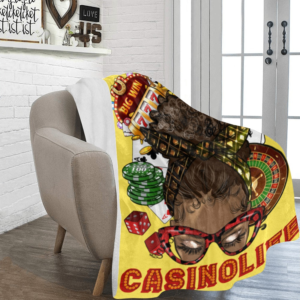 Custom Fleece Blanket Black Woman Wearing Red Glasses Casino Background