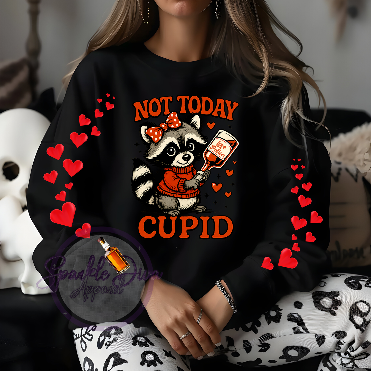 Valentine Day Black Sweatshirt with a picture of the front " Not Today Cupid" (Dtf Image)