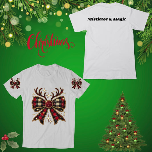 Hoilday Bow Christmas T-Shirt Designed On The Back